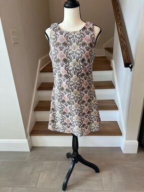 Sleeveless Floral Mosaic A-Line Dress in Pink and Brown and Gold.